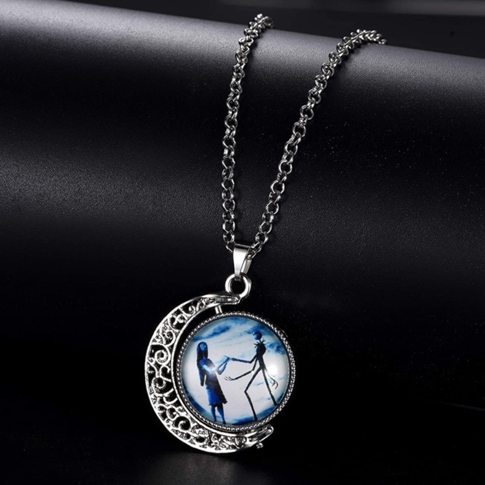Jack and Sally Nightmare Before Christmas Moon Pendant Charm Crescent Necklace